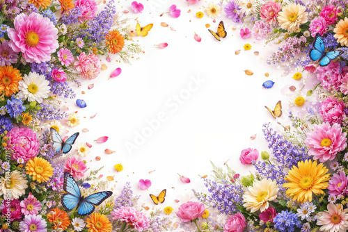 Vibrant Spring Wildflower Border with Dancing Butterflies Creating Natural Frame on Pure White Background