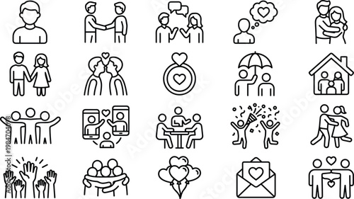Relationships and Social Connection Line Icon Set with Love, Communication, Family, Partnership, Dating, and Emotional Interaction Symbols for Web and App Design