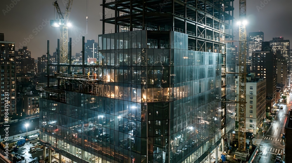 Naklejka premium Construction workers build a glass skyscraper at night in a city