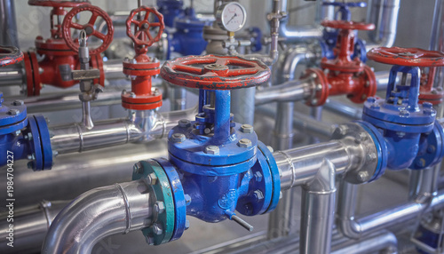 Industrial pipeline system with red and blue gate valves pressure gauge and stainless steel pipes in mechanical room