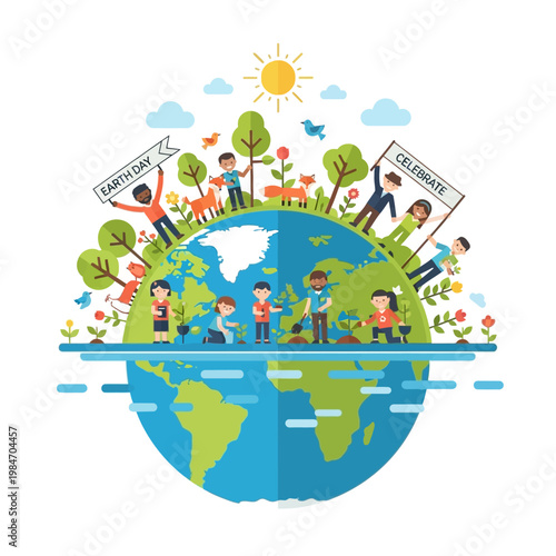 Children Celebrating Earth Day, Planting Trees and Caring for Nature on a Vibrant Planet