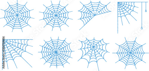 A clean vector illustration set featuring multiple spider web designs in varying styles and complexities.