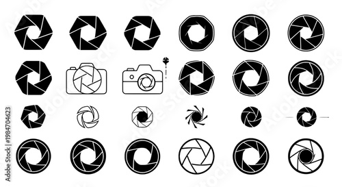 Camera lenses icon set with black and white illustrations and various shapes, including diaphragms and aperture blades.
