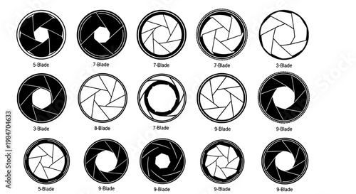 Diaphragm camera shutter aperture blades set with various 3, 5, 7, 8, 9 blade configurations for photography