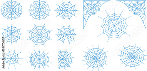 A clean vector illustration set featuring multiple spider web designs in varying styles and complexities.