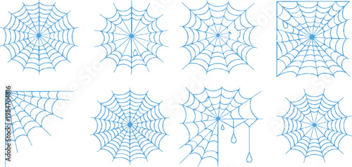 A clean vector illustration set featuring multiple spider web designs in varying styles and complexities.