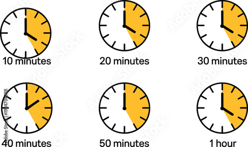Set of clock timer icons showing various time intervals from ten minutes to one hour in flat outline style vector illustration.