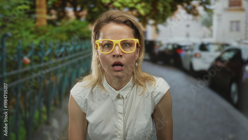 Young blonde woman in white sleeveless shirt and yellow glasses presses finger to lips on street; surprise.