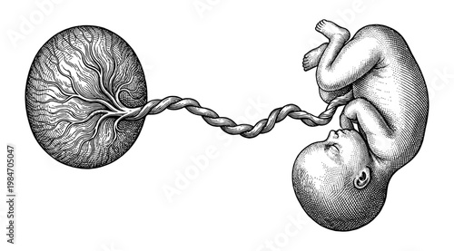 Human fetus with umbilical cord and placenta vintage engraving