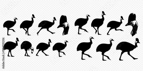 Cassowary bird walking animation sprite sheet in black silhouette.