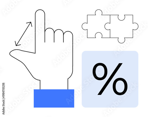 Measurement, calculation, geometry, problem solving, mathematics, data analysis. A hand gesture with two puzzle pieces and a percentage symbol. Measurement and calculation signified by hand