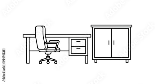 Minimalist office furniture set with desk chair and cabinet line art.