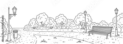 City park panorama with bench street lamp and tree sketch