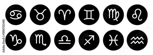 Zodiac sign icon set with astrology symbol in black circle