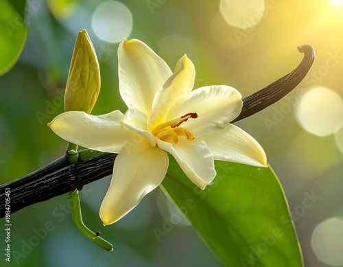 Pale yellow flower blooms, with pod, on vine against blurred green and gold background