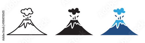 Volcano icon set natural disaster and eruption symbols in outline and solid style vector illustration collection