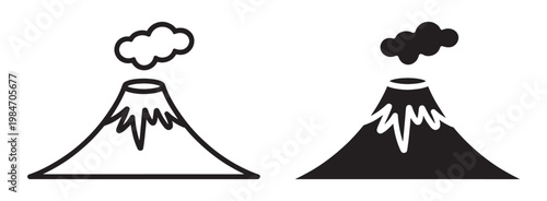 Volcano icon set natural disaster and eruption symbols in outline and solid style vector illustration collection