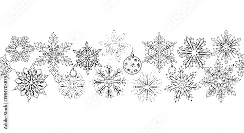 Snowflakes set with various shapes and ornament, hand-drawn in black lines on white background featuring snowflake, snow, winter with frost and