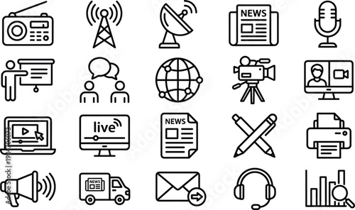 Media and Broadcasting Line Icon Set with News, Radio, Podcast, Video Production, Communication, and Digital Content Symbols for Web and App Design