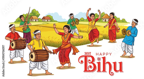 Vibrant vector illustration showcasing the Assam harvest festival, with people in traditional Assamese dress celebrating Bihu, dancing and playing music in a rural setting with golden