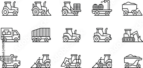 Collection of agricultural machinery and farm vehicle icons in linear style, modern farming industry equipment set in clean vector illustration