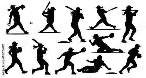 Dynamic softball silhouettes with intense action poses batting pitching sliding and game movement