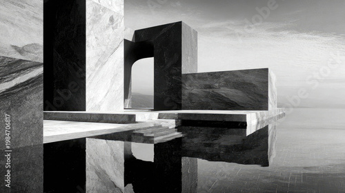 Abstract Architecture Geometric Forms Reflecting in Water Monochrome Serenity.