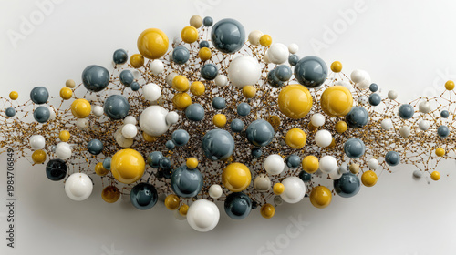 Abstract arrangement of colorful spheres with delicate floral accents on white.