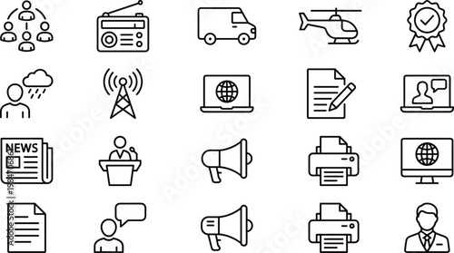 Communication and Media Line Icon Set with News, Broadcasting, Delivery, Messaging, Marketing, and Digital Information Symbols for Web and App Design