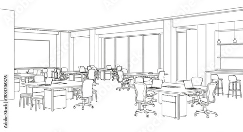 Line drawing perspective of a modern open-plan office interior with multiple workstations, chairs, and a small break area.