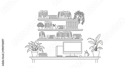 A minimalist line drawing of a home office desk with a computer, books on shelves, and potted plants, creating a serene and organized workspace.