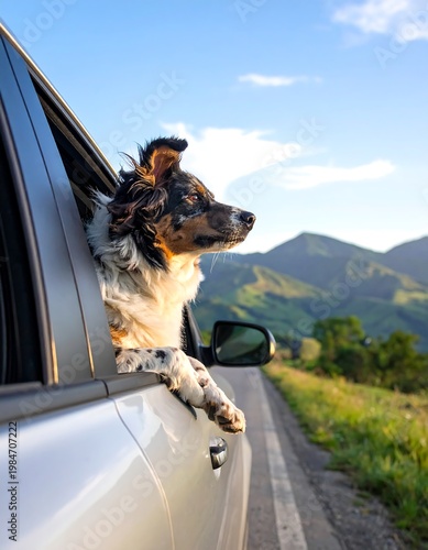 Dog gazes from car window. Mountains backdrop. Road ahead. Summer vibes