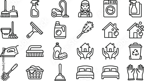 Cleaning and Household Line Icon Set with Home Care, Hygiene Tools, Laundry, Maintenance, and Domestic Service Symbols for Web and App Design