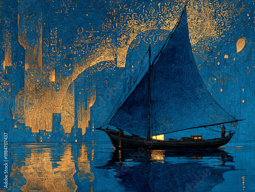 A traditional wooden sailboat with golden sails glides on calm water, set against a deep blue sky filled with glowing golden hieroglyphs and a crescent moon, blending ancient Egyptian art 