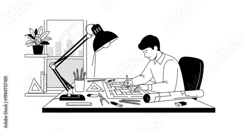 Young professional designer sketching technical drawings at desk.