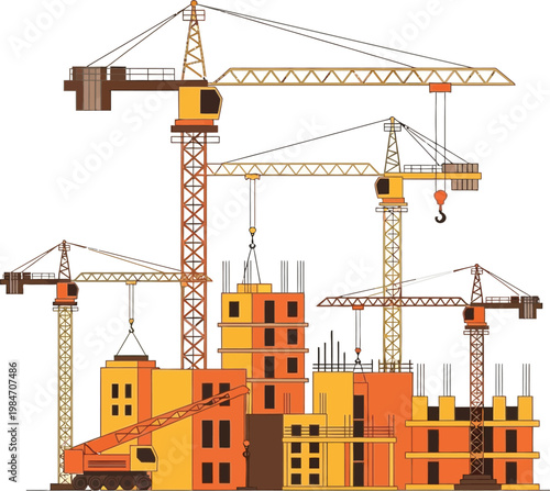 Construction site with multiple cranes and buildings under development