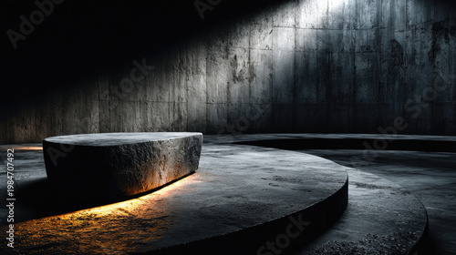 Abstract Concrete Platform in Dark Room with Spotlight.