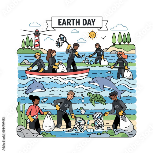 Earth Day: People cleaning ocean pollution, saving marine life and planet