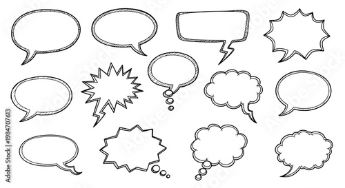 Speech bubbles comic drawn set with black outlines and various shapes for dialogue and quotes featuring quote marks, illustration, graphic with