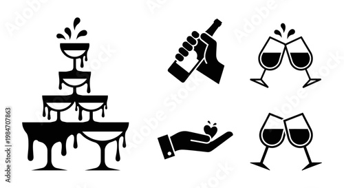 Black icons of wine glasses and bottles on white background, symbolizing celebration and drinks.