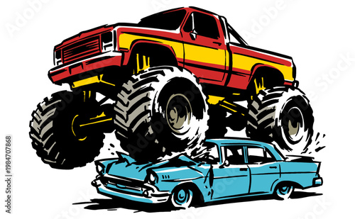 Monster truck legend race. Extreme racing. Car print design for t-shirt print, poster, sticker, background and other uses. Graphic print.