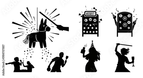 Black silhouettes of people celebrating with champagne and party poppers at a casino