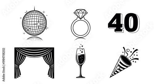 Black and white party icons for 40th birthday celebration with disco ball, diamond ring, champagne, and cake