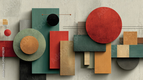 Abstract Geometric Composition with Circles Rectangles and Spheres.