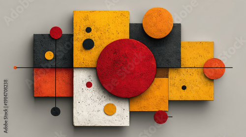 Abstract Geometric Composition with Squares and Circles in Primary Colors.