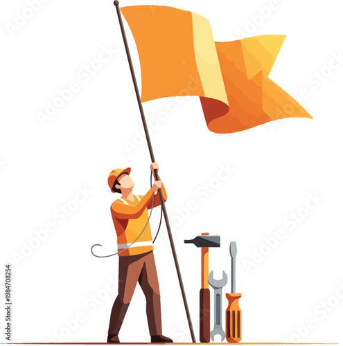 A worker raising an orange flag with tools nearby on a white background