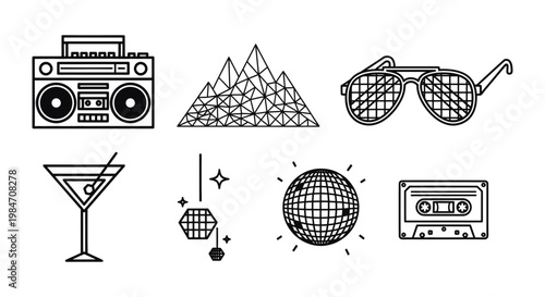 Retro party icons including boombox, sunglasses, cocktail, disco ball, and cassette tape