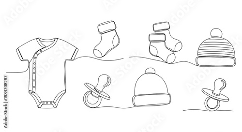 Baby clothes and accessories, onesie, socks, hat, pacifier, illustration, newborn, outfit, set