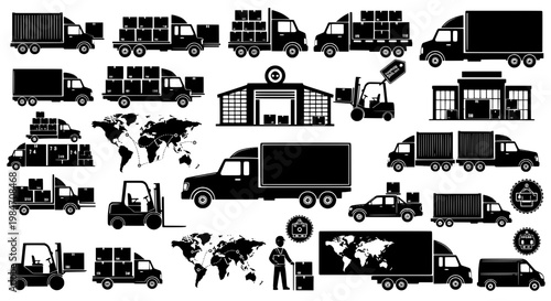 Trucks logistics set with black silhouettes and warehouse icons, including forklifts and shipping containers for global transportation.