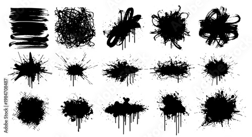 Ink splatter set with grunge textures and spray paint blotches for streetwear and design backgrounds